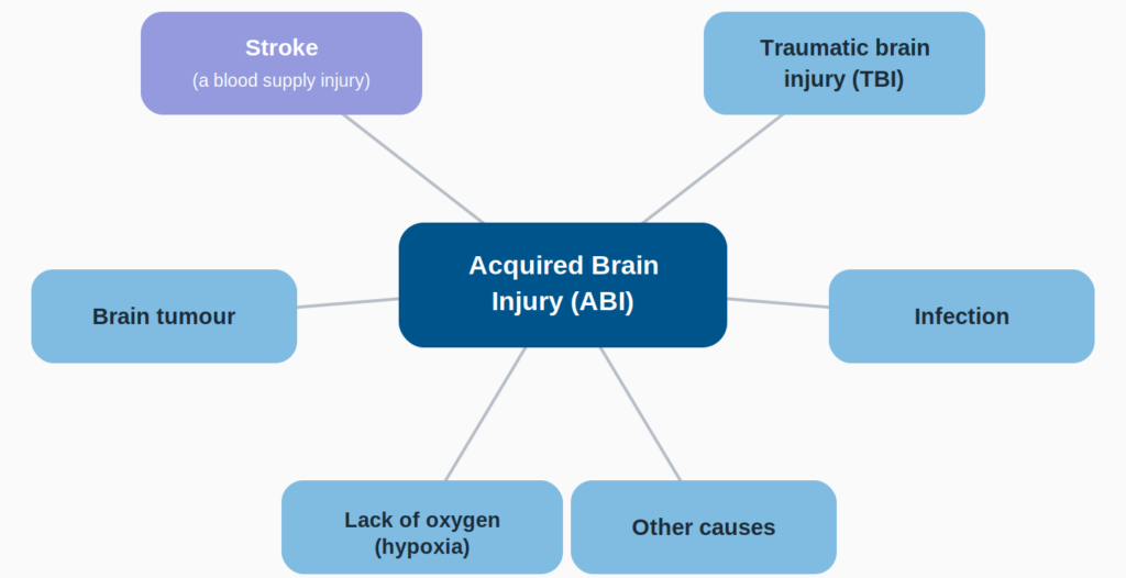 Diagram showing acquired brain injury (ABI) as an umbrella term, with stroke, traumatic brain injury, brain tumour, infection and lack of oxygen as its causes